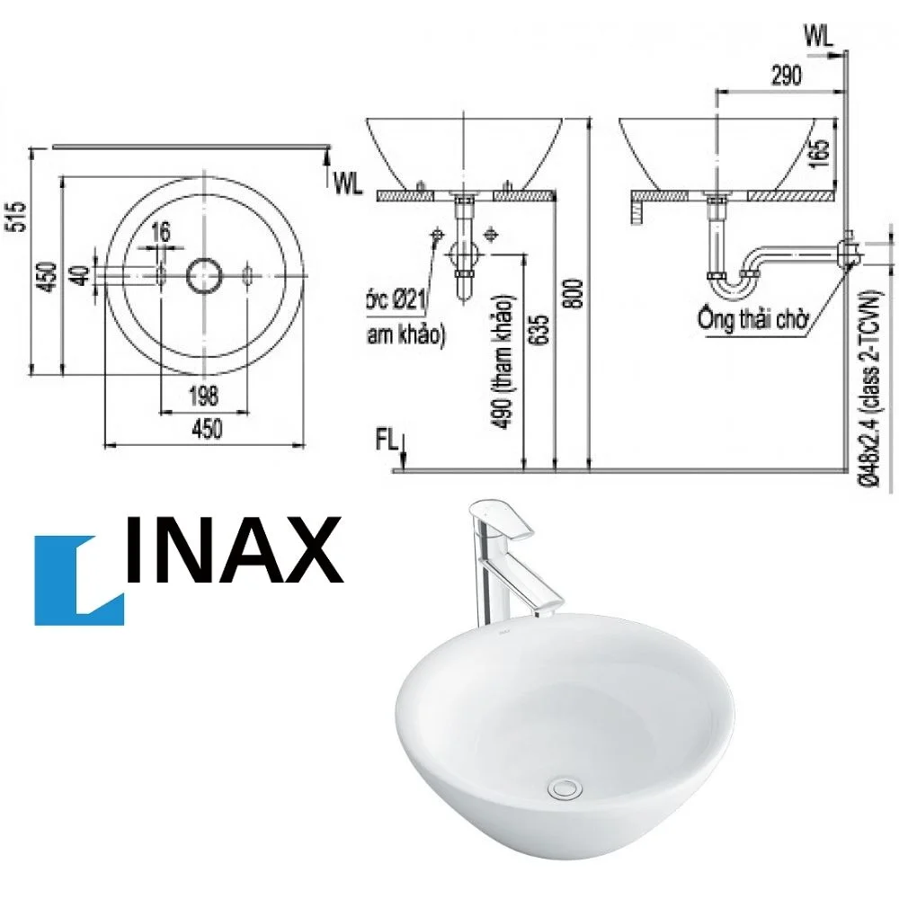 kích thước chậu rửa mặt inax đặt bàn