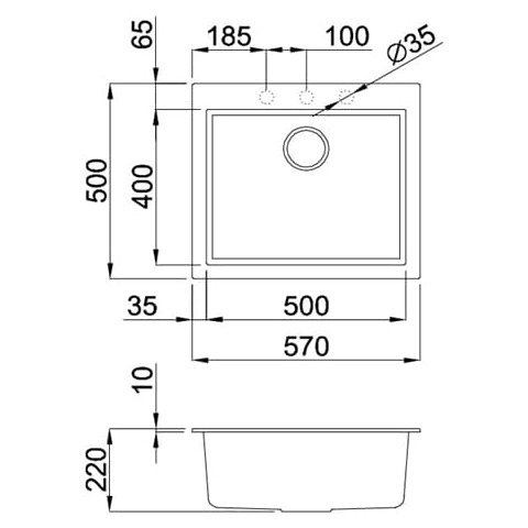 bản vẽ kỹ thuật Chậu rửa chén đá 1 hố phủ Nano Malloca Nero K-10540 