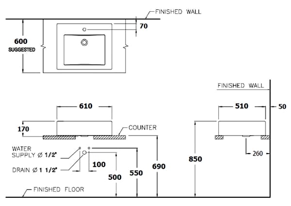 bản vẽ kỹ thuật Chậu rửa mặt COTTO C0005 dương bàn 