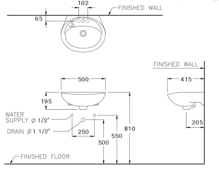bản vẽ kỹ thuật Chậu Rửa Lavabo COTTO C013 Treo Tường