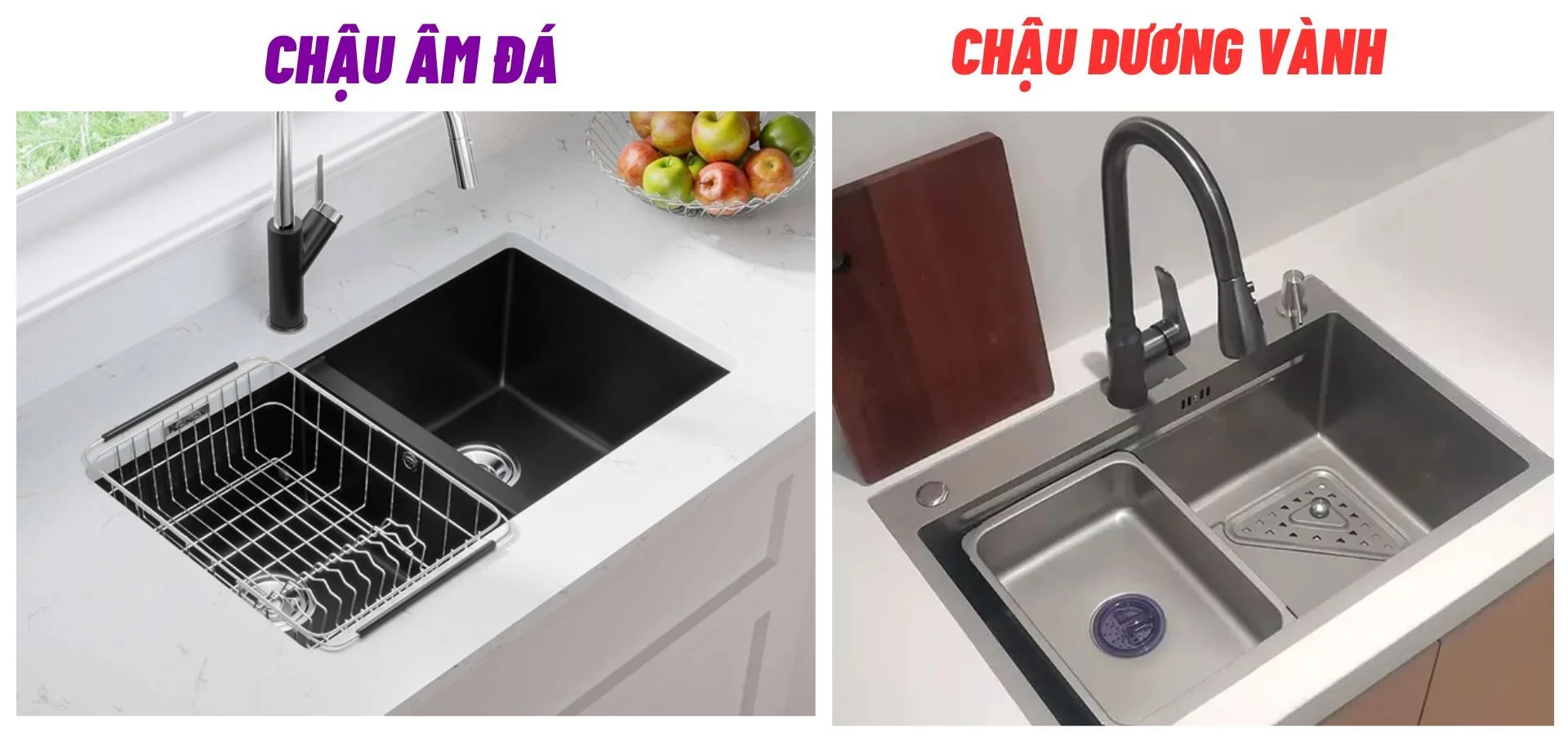 chậu rửa bát âm và chậu rửa bát dương vành