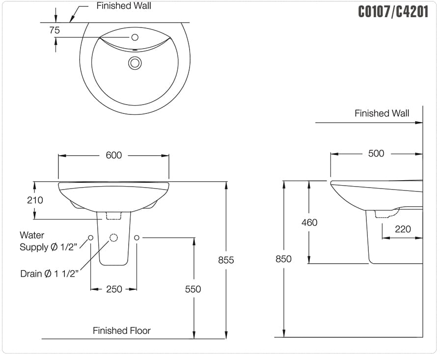 Bản vẽ kỹ thuật Chậu Rửa Lavabo COTTO C0107/C4201 Chân Ngắn