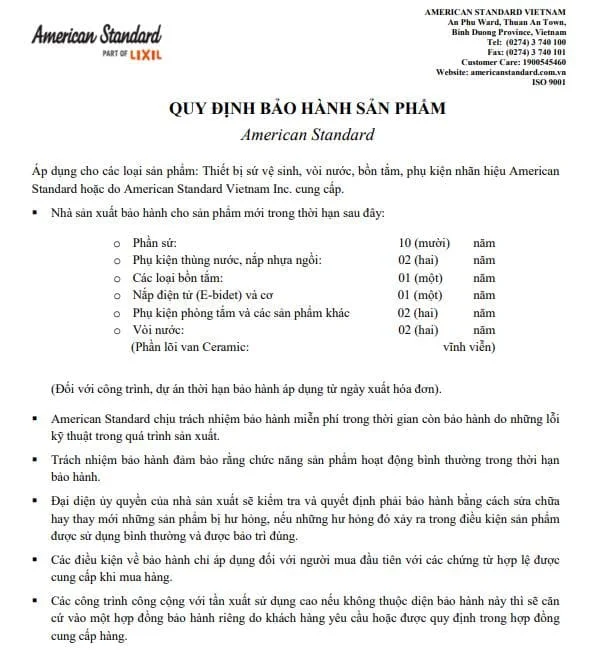 Chính sách bảo hành thiết bị vệ sinh American 