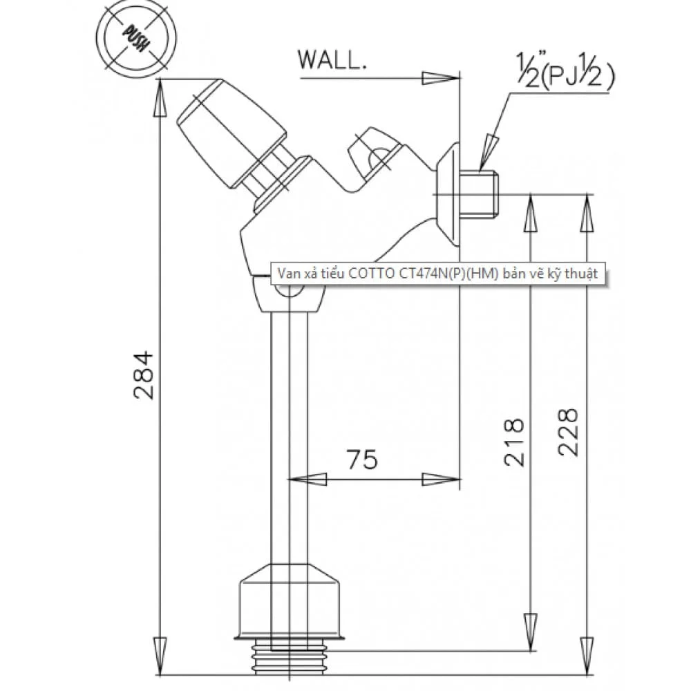 Bản vẽ kỹ thuật Van Xả Ấn Bồn Tiểu COTTO CT471SL(HM) 75mm