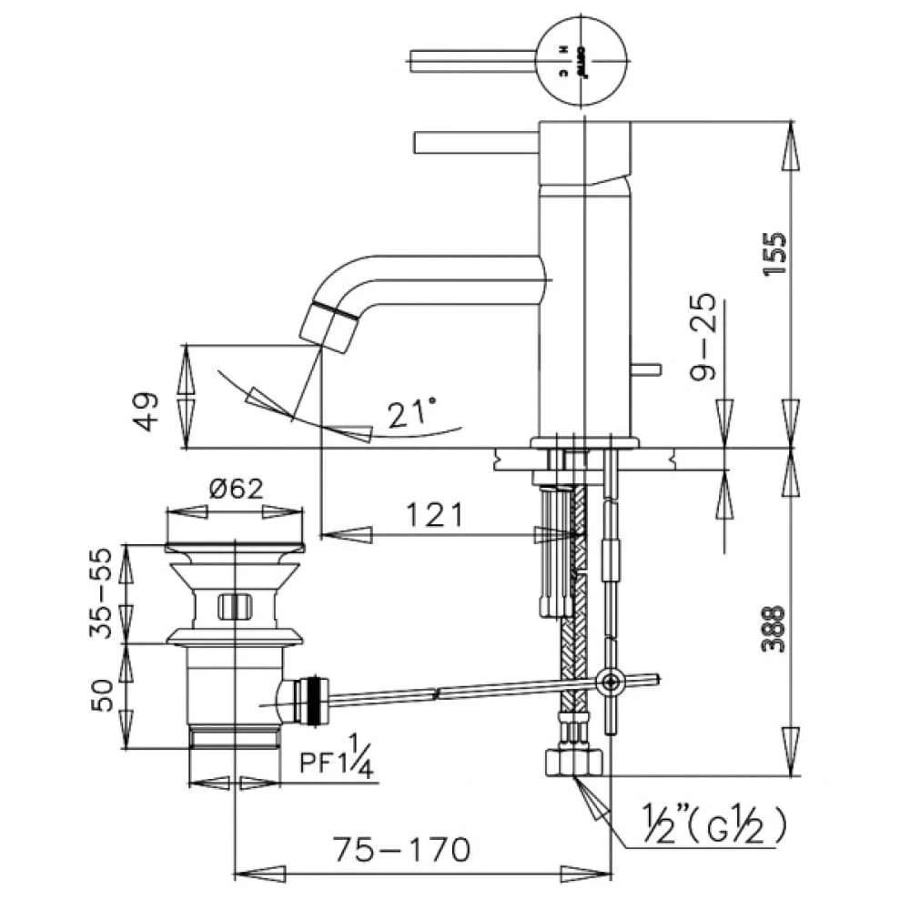 bản vẽ kỹ thuật Vòi rửa mặt lavabo nóng lạnh COTTO CT542A 
