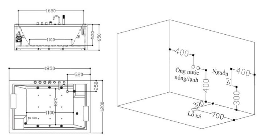 Bảng vẽ kỹ thuật Bồn tắm MASSAGE Euroking EU – 102A