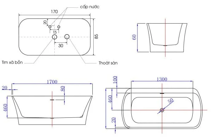 Bảng vẽ kỹ thuật Bồn tắm Euroking EU-6053