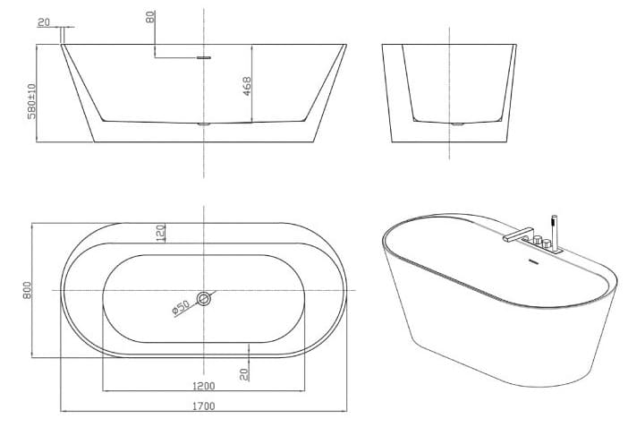Bảng vẽ kỹ thuật Bồn tắm Euroking EU-6057
