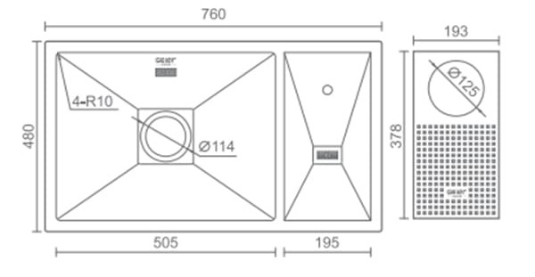 Bản vẽ kỹ thuật Chậu rửa bát 1 hố 1 bàn Geler GL-7648