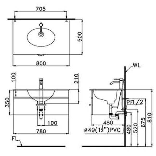 Bản vẽ kỹ thuật Chậu Rửa Mặt Âm Bàn Caesar LF5128