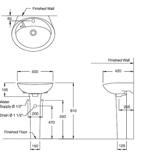 bản vẽ kỹ thuật Chậu rửa Lavabo COTTO C013/C404 chân dài 