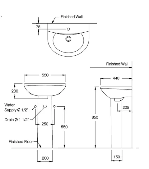 Bản vẽ kỹ thuật Chậu Rửa Lavabo COTTO C014/C411 chân dài