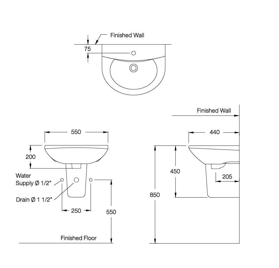 bản vẽ kỹ thuật Chậu Rửa Lavabo COTTO C014/C4201 chân ngắn