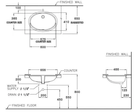 bản vẽ kỹ thuật Chậu rửa mặt COTTO C0171 âm bàn