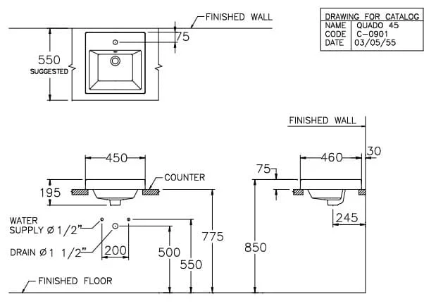 bản vẽ kỹ thuật Chậu rửa mặt COTTO C02607 dương vành 