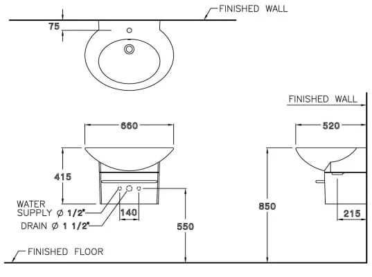 bản vẽ kỹ thuật Chậu Rửa Lavabo COTTO SC01027 Charisma treo tường Chân Ngắn