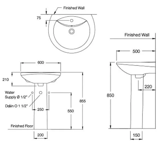 Bản vẽ kỹ thuật Chậu rửa Lavabo COTTO C0107/C411 chân dài