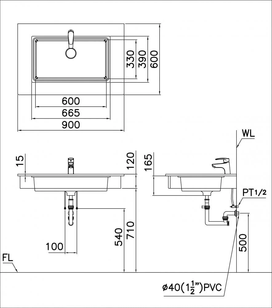 Bản vẽ kỹ thuật Chậu Rửa Mặt Âm Bàn Caesar LF5128 