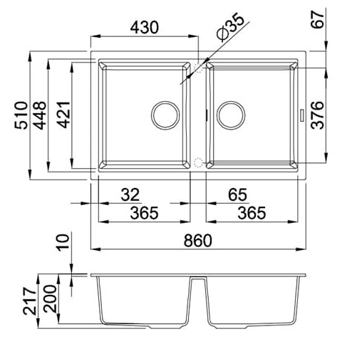 Bản vẽ kỹ thuật Chậu rửa bát đá 2 hố phú Nano Malloca Nero K-45040 