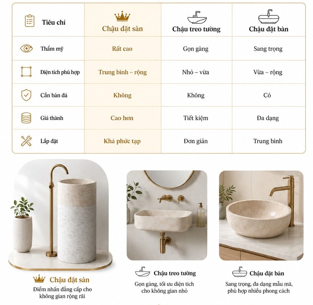 So sánh chậu đặt sàn với các loại lavabo khác