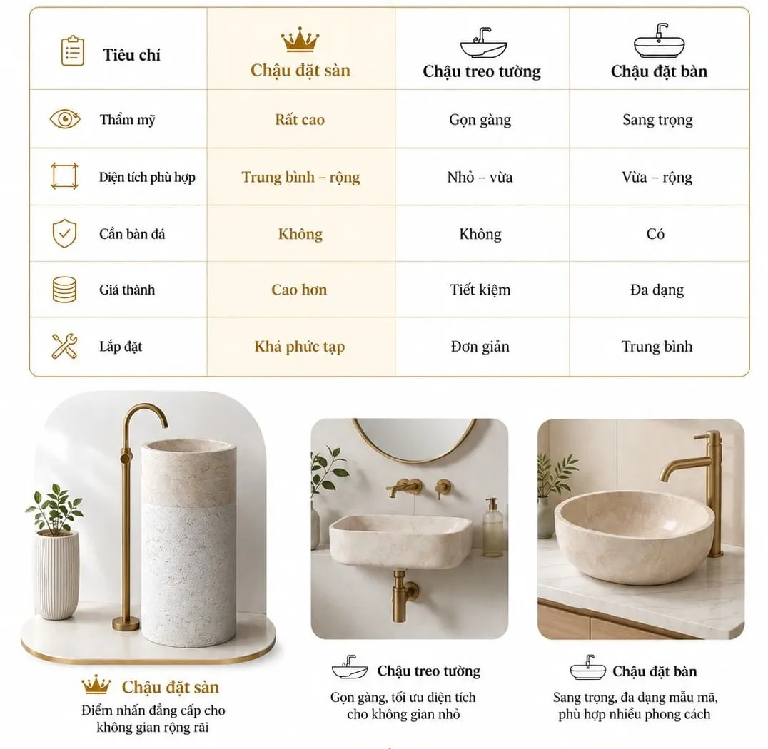 So sánh chậu đặt sàn với các loại lavabo khác