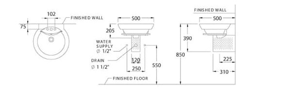 Bản vẽ kỹ thuật Chậu rửa Lavabo COTTO SC0285 chân ngắn