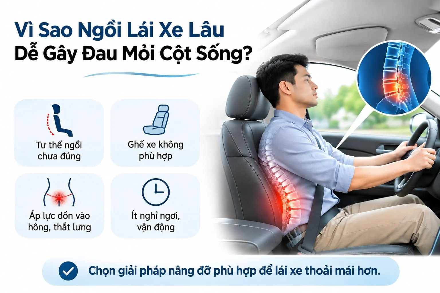 Vì Sao Ngồi Lái Xe Lâu Dễ Gây Đau Mỏi Cột Sống?